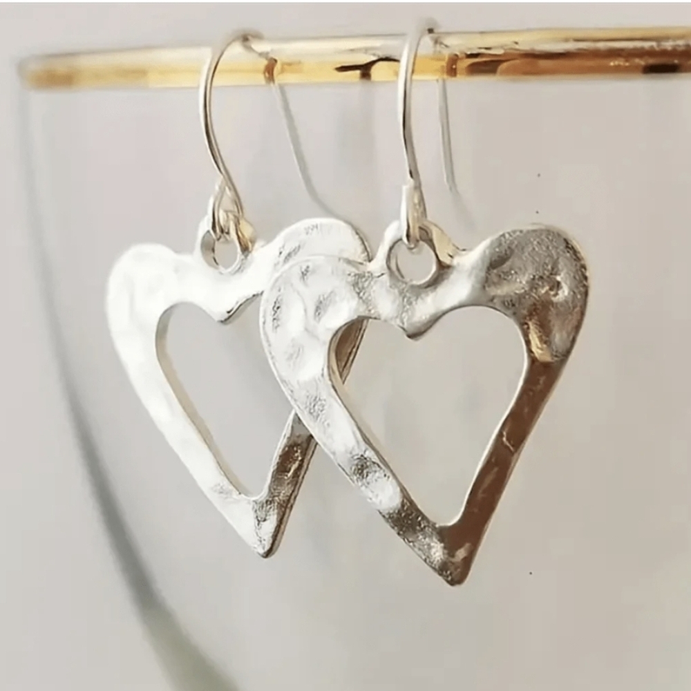 Silver Heart Outline Drop Earrings - Women Jewelry